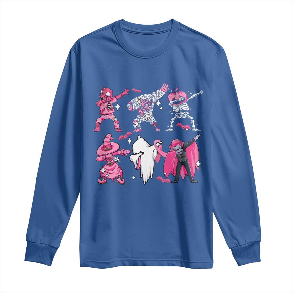 Halloween Breast Cancer Support Squad Long Sleeve Shirt Dabbing Skeleton Zombie Pink Ribbon
