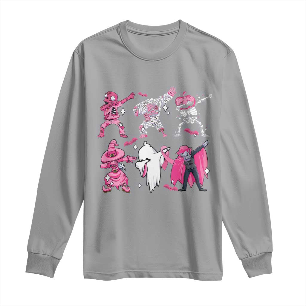 Halloween Breast Cancer Support Squad Long Sleeve Shirt Dabbing Skeleton Zombie Pink Ribbon