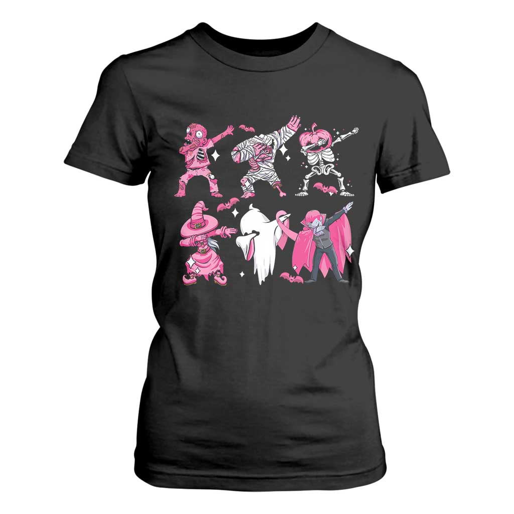 Halloween Breast Cancer Support Squad T Shirt For Women Dabbing Skeleton Zombie Pink Ribbon