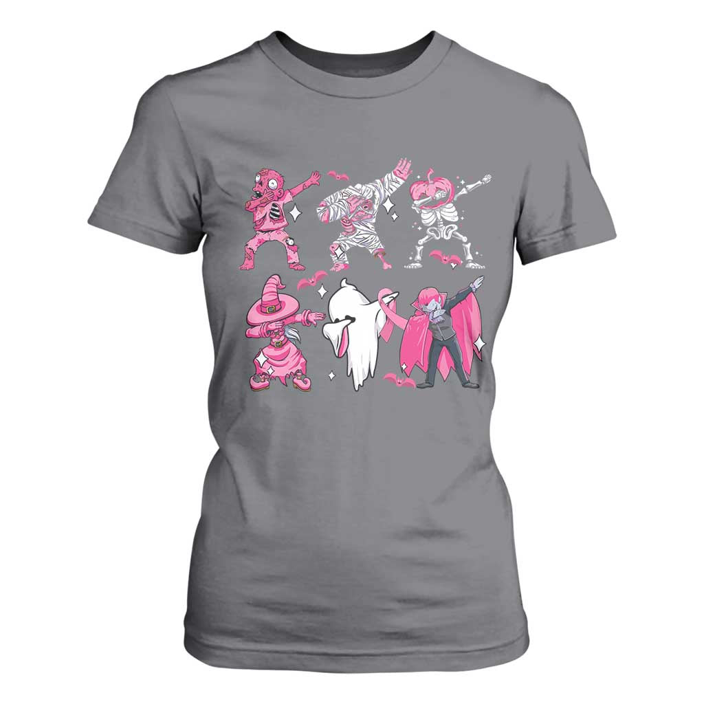 Halloween Breast Cancer Support Squad T Shirt For Women Dabbing Skeleton Zombie Pink Ribbon
