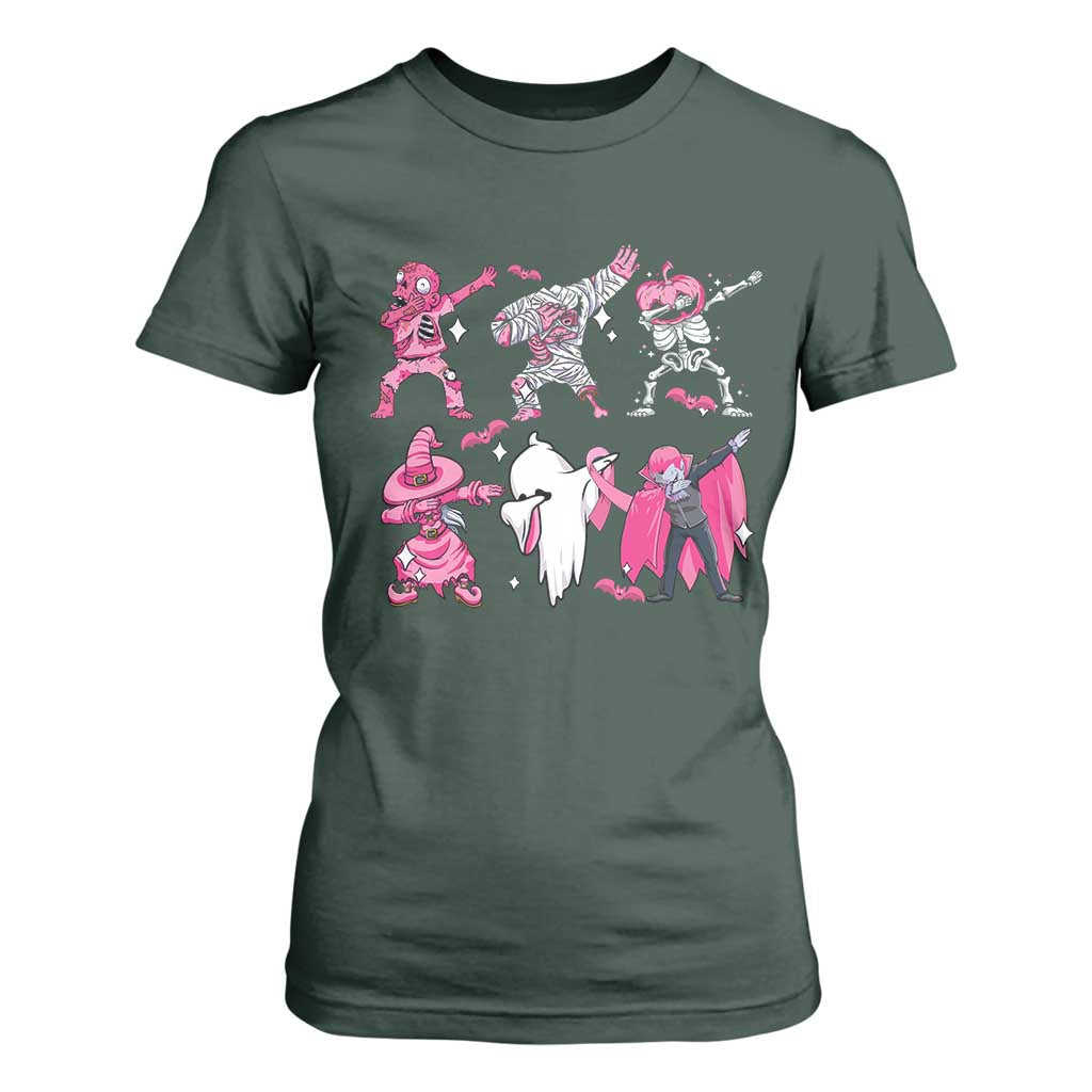 Halloween Breast Cancer Support Squad T Shirt For Women Dabbing Skeleton Zombie Pink Ribbon