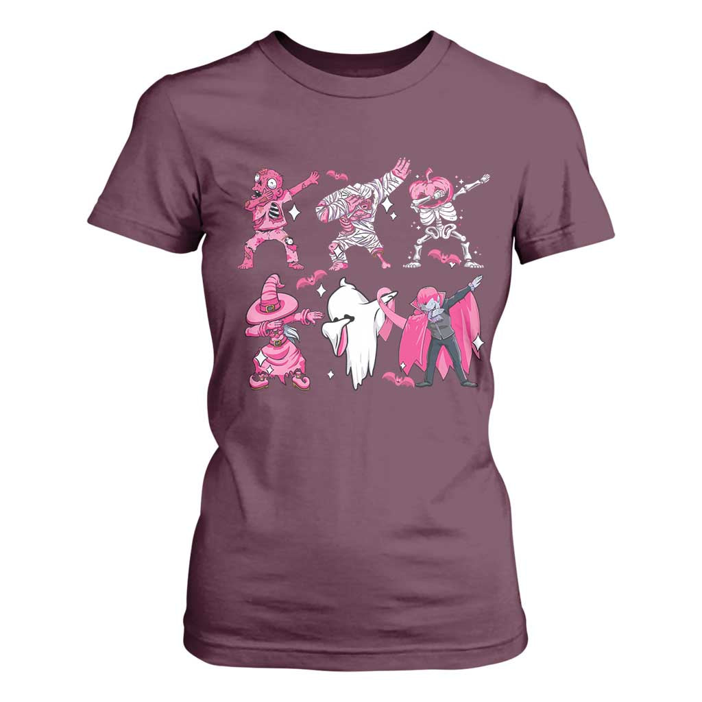 Halloween Breast Cancer Support Squad T Shirt For Women Dabbing Skeleton Zombie Pink Ribbon