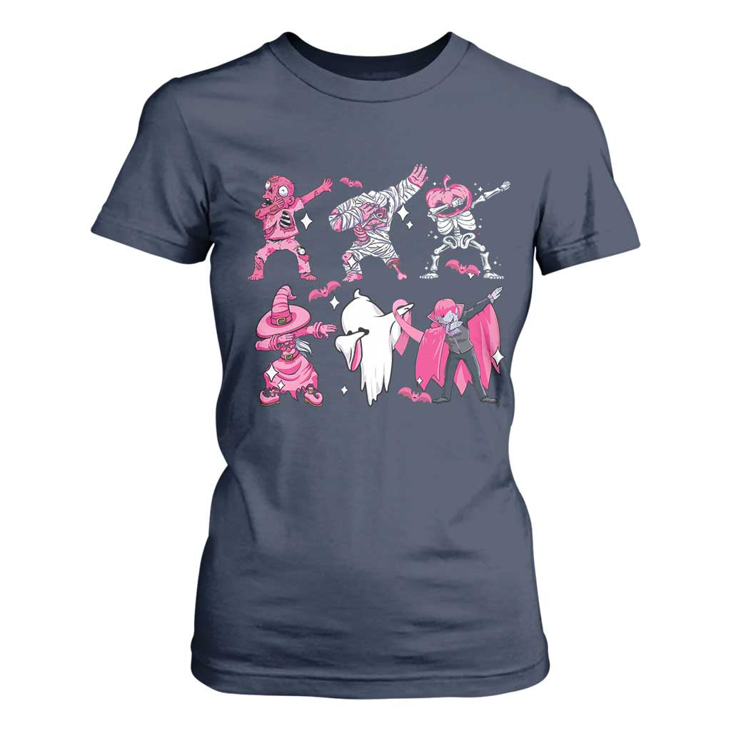 Halloween Breast Cancer Support Squad T Shirt For Women Dabbing Skeleton Zombie Pink Ribbon