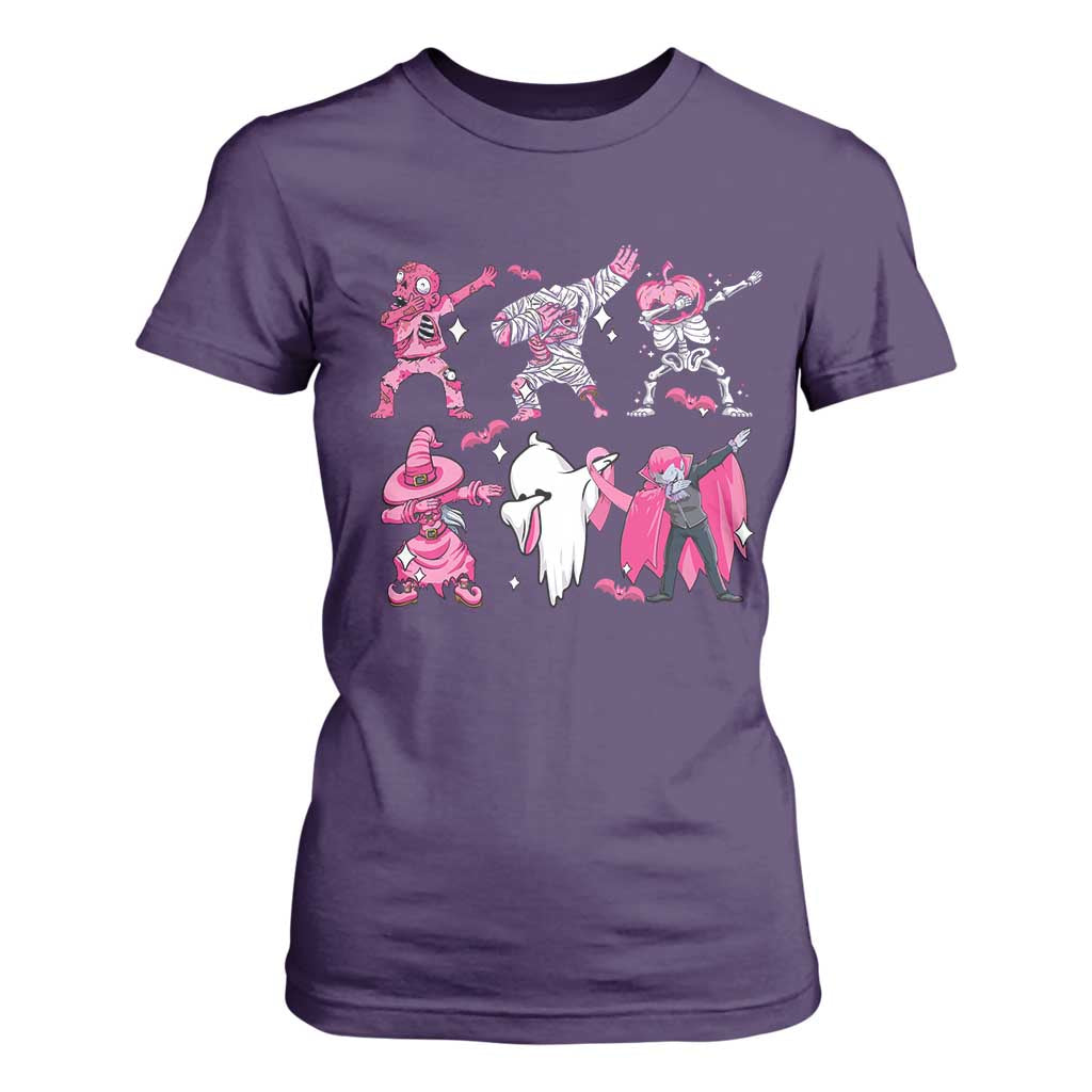 Halloween Breast Cancer Support Squad T Shirt For Women Dabbing Skeleton Zombie Pink Ribbon