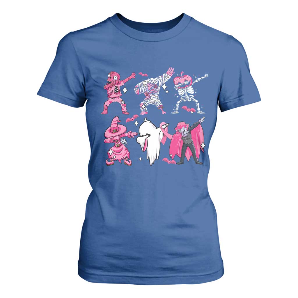 Halloween Breast Cancer Support Squad T Shirt For Women Dabbing Skeleton Zombie Pink Ribbon