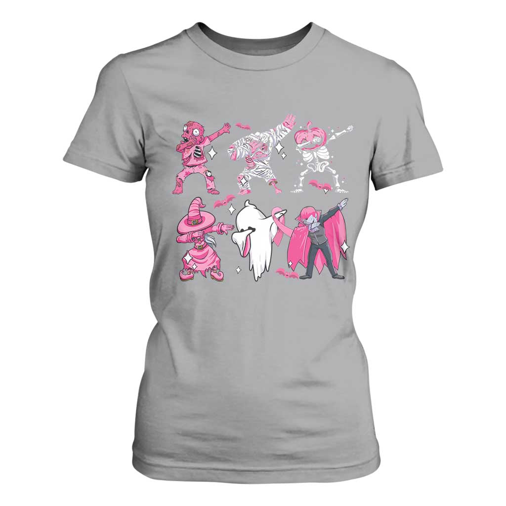 Halloween Breast Cancer Support Squad T Shirt For Women Dabbing Skeleton Zombie Pink Ribbon