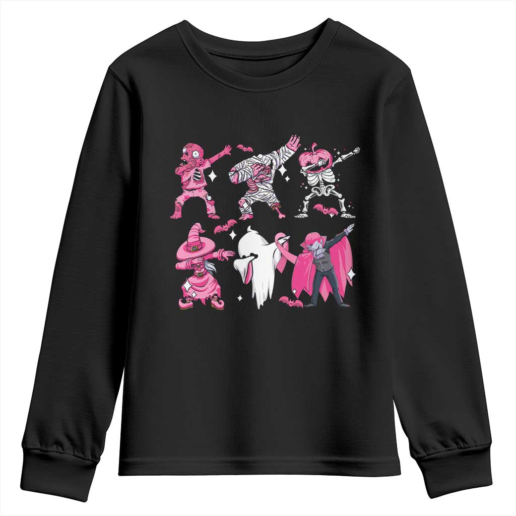 Halloween Breast Cancer Support Squad Youth Sweatshirt Dabbing Skeleton Zombie Pink Ribbon