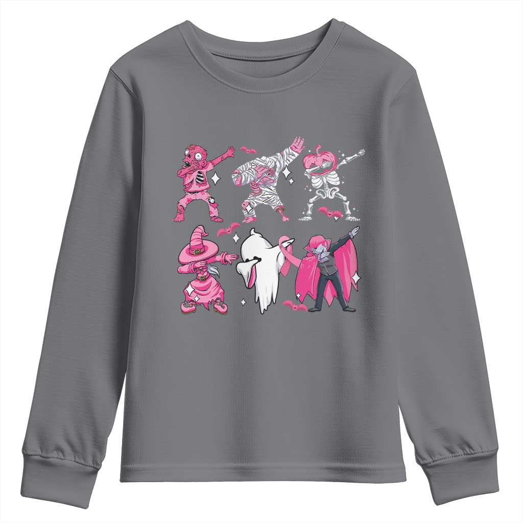Halloween Breast Cancer Support Squad Youth Sweatshirt Dabbing Skeleton Zombie Pink Ribbon