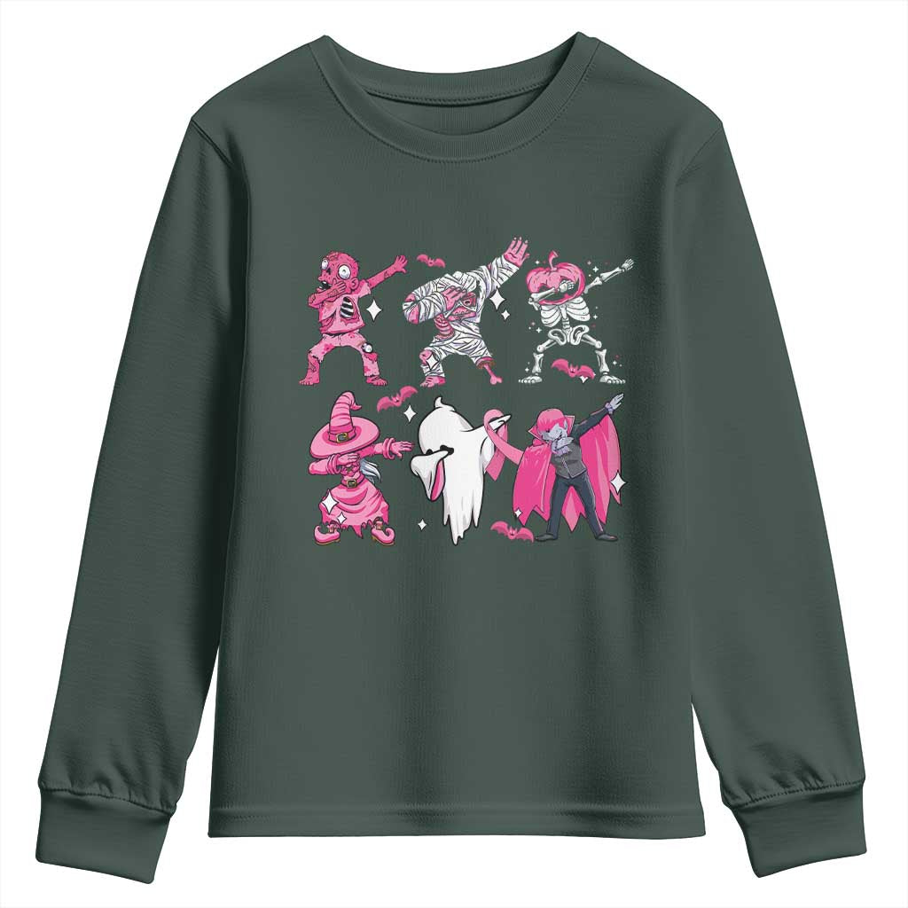 Halloween Breast Cancer Support Squad Youth Sweatshirt Dabbing Skeleton Zombie Pink Ribbon