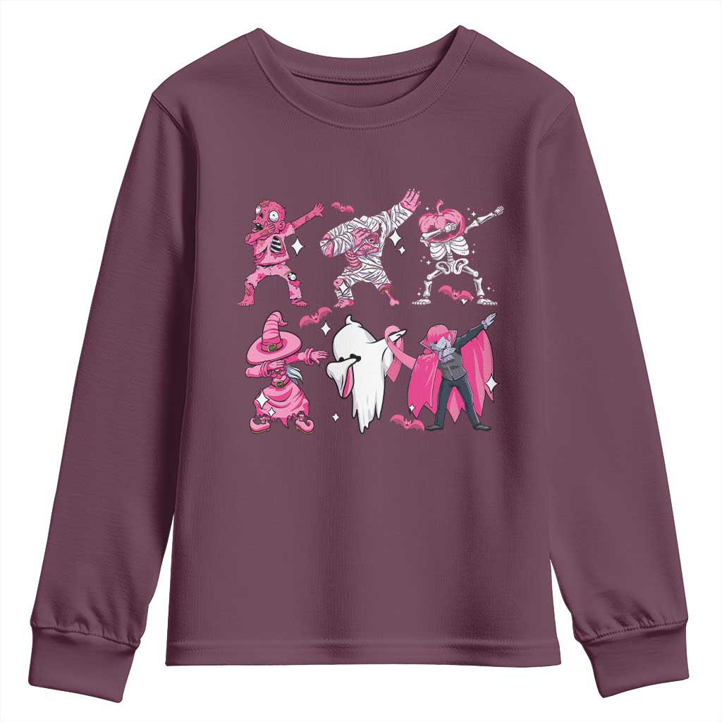 Halloween Breast Cancer Support Squad Youth Sweatshirt Dabbing Skeleton Zombie Pink Ribbon
