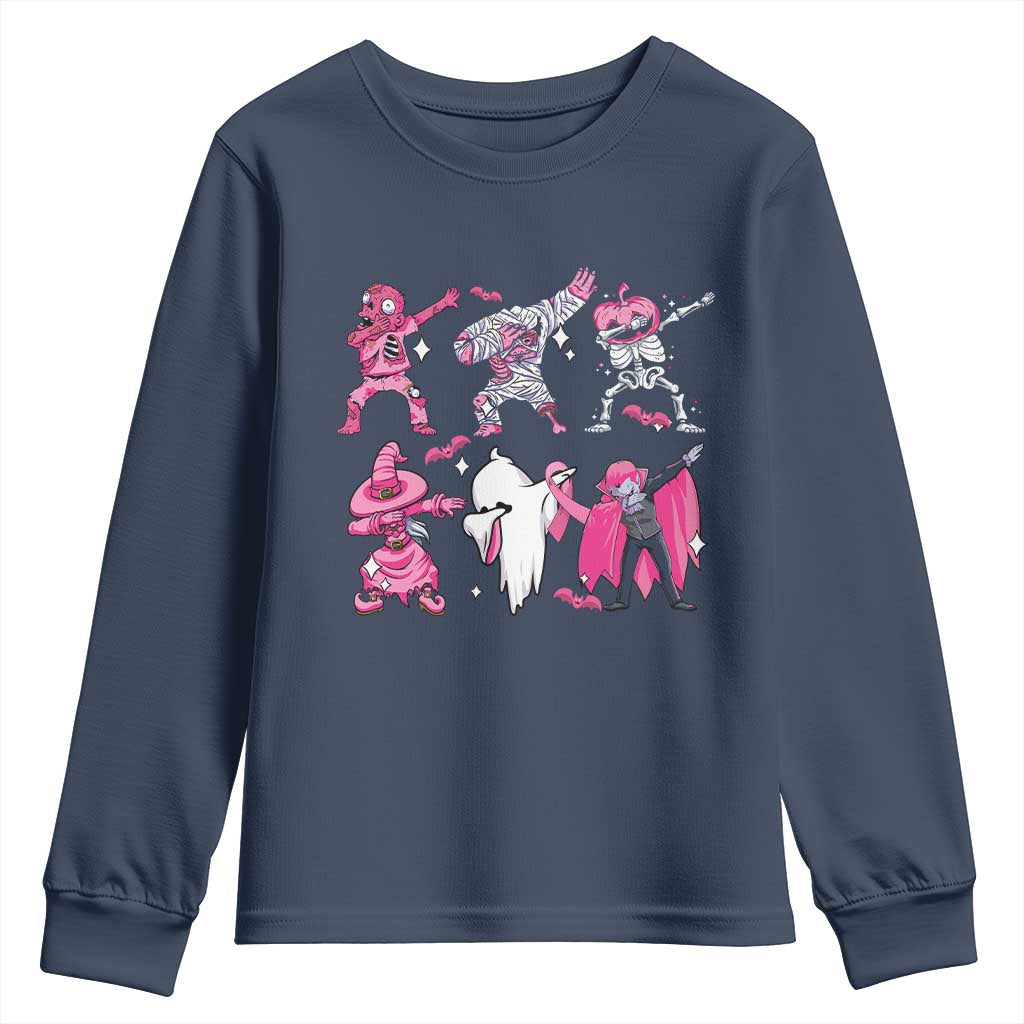 Halloween Breast Cancer Support Squad Youth Sweatshirt Dabbing Skeleton Zombie Pink Ribbon