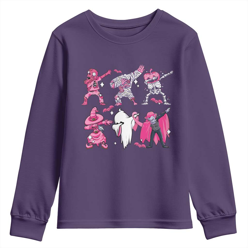 Halloween Breast Cancer Support Squad Youth Sweatshirt Dabbing Skeleton Zombie Pink Ribbon