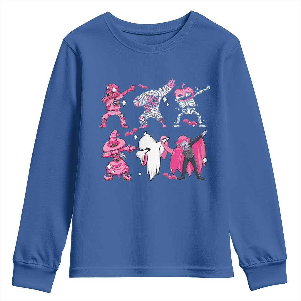 Halloween Breast Cancer Support Squad Youth Sweatshirt Dabbing Skeleton Zombie Pink Ribbon