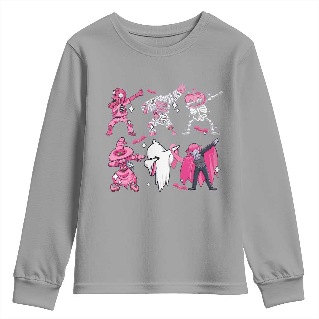 Halloween Breast Cancer Support Squad Youth Sweatshirt Dabbing Skeleton Zombie Pink Ribbon