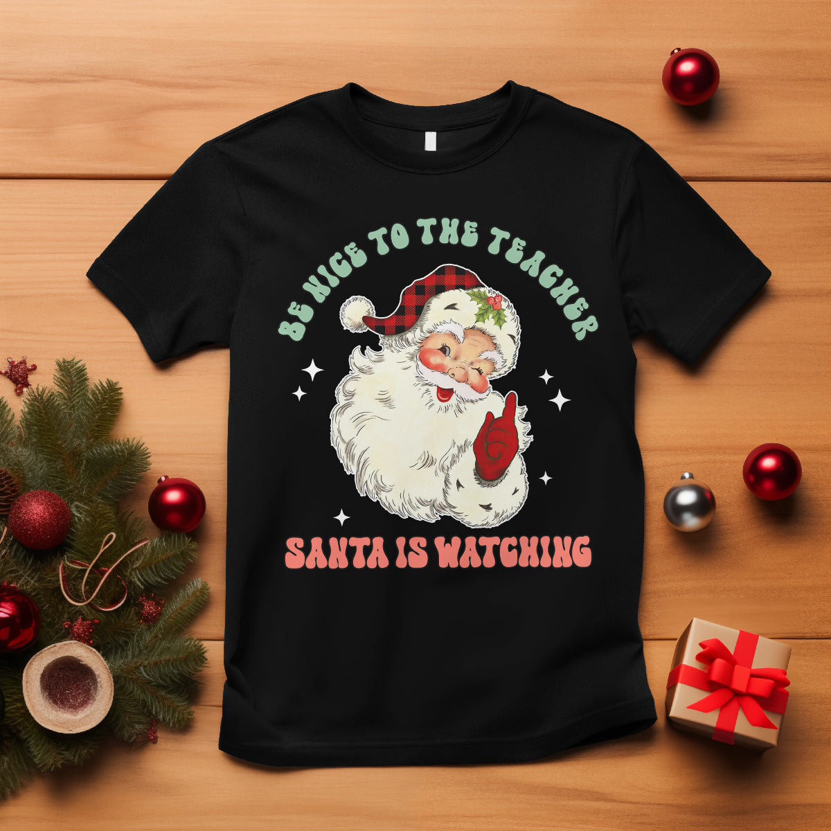 be-nice-to-the-teacher-santa-is-watching-retro-groovy-christmas-t-shirt