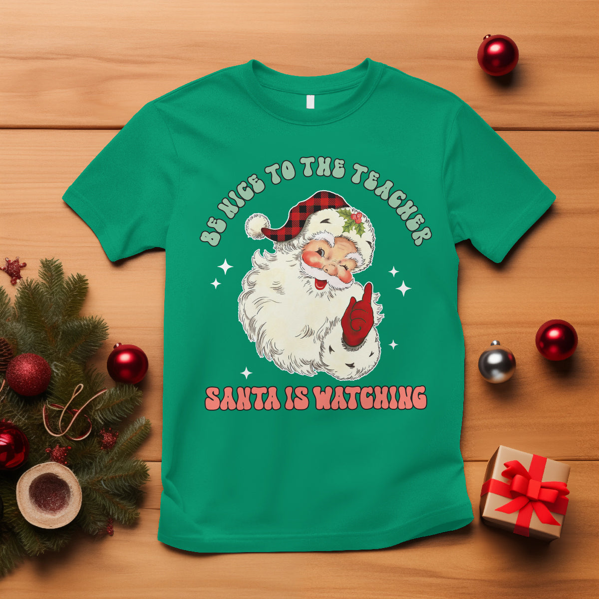 be-nice-to-the-teacher-santa-is-watching-retro-groovy-christmas-t-shirt