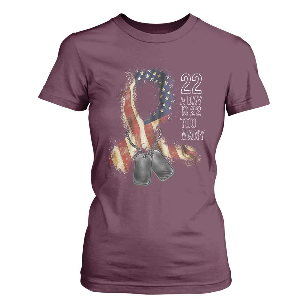 Veteran Suicide Prevention Support T Shirt For Women 22 A Day Is 22 Too Many American Flag Ribbon