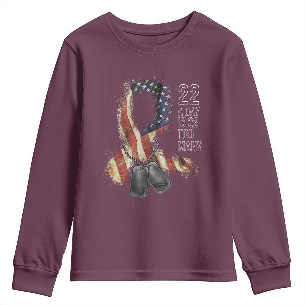 Veteran Suicide Prevention Support Youth Sweatshirt 22 A Day Is 22 Too Many American Flag Ribbon