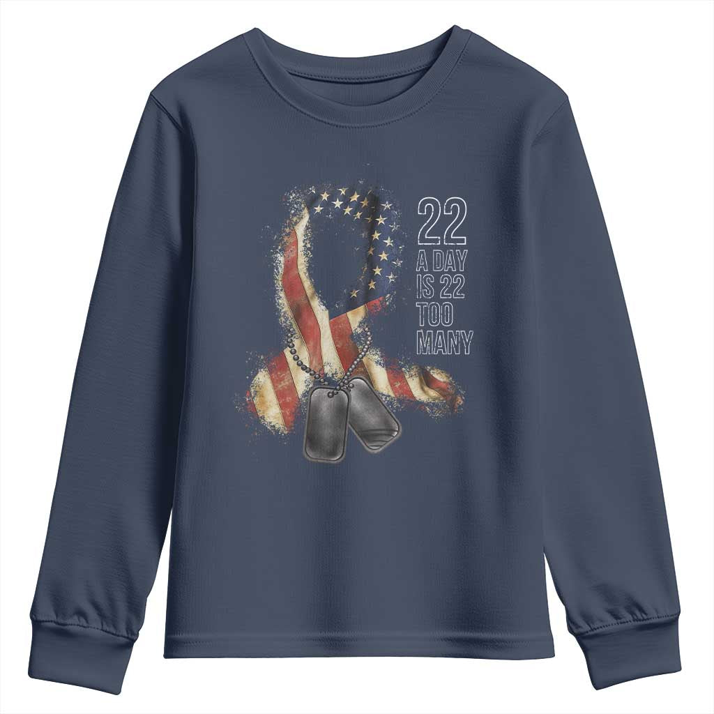 Veteran Suicide Prevention Support Youth Sweatshirt 22 A Day Is 22 Too Many American Flag Ribbon