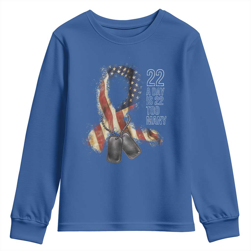 Veteran Suicide Prevention Support Youth Sweatshirt 22 A Day Is 22 Too Many American Flag Ribbon