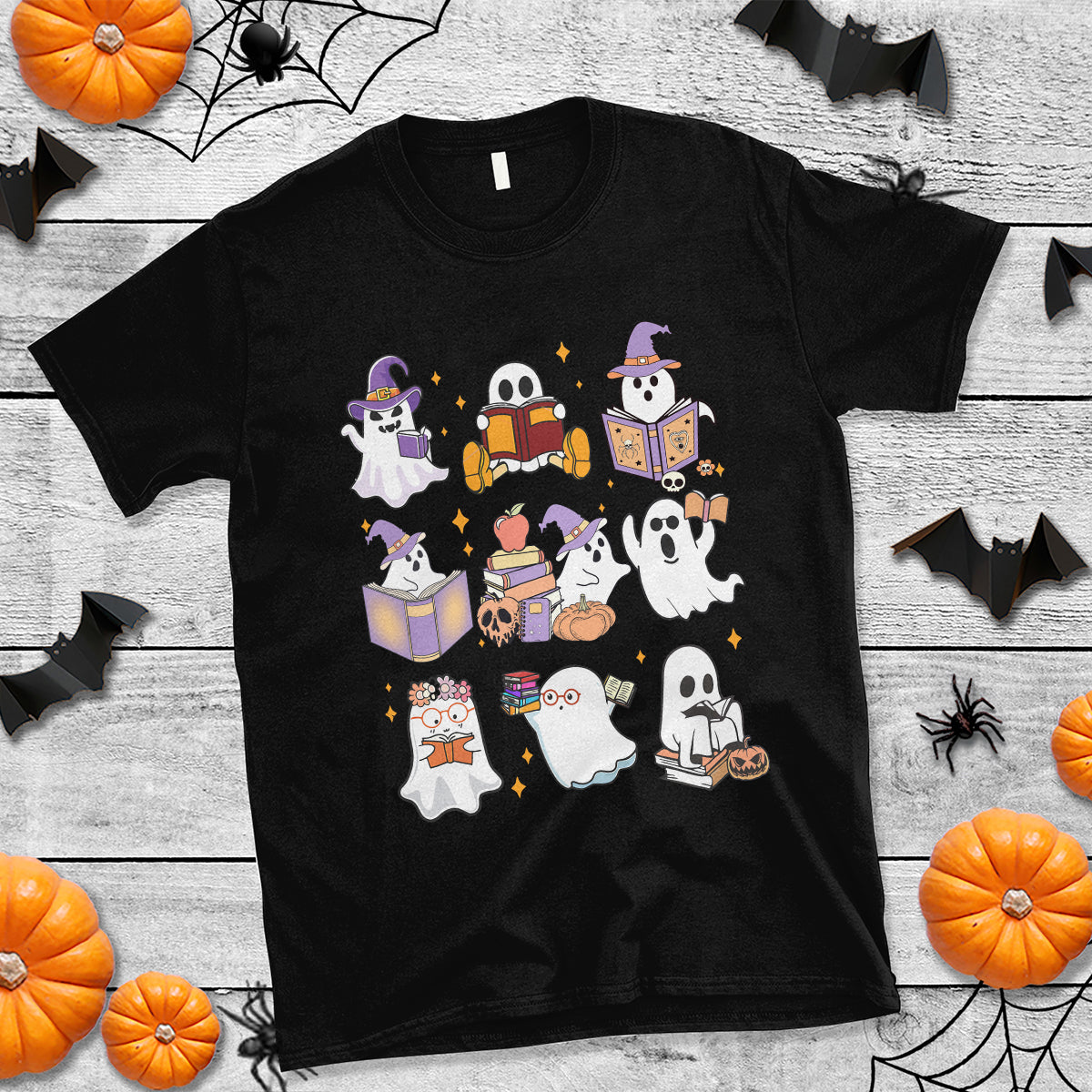 halloween-reading-t-shirt-reading-books-boo-sheet-ghosts-teacher-librarian