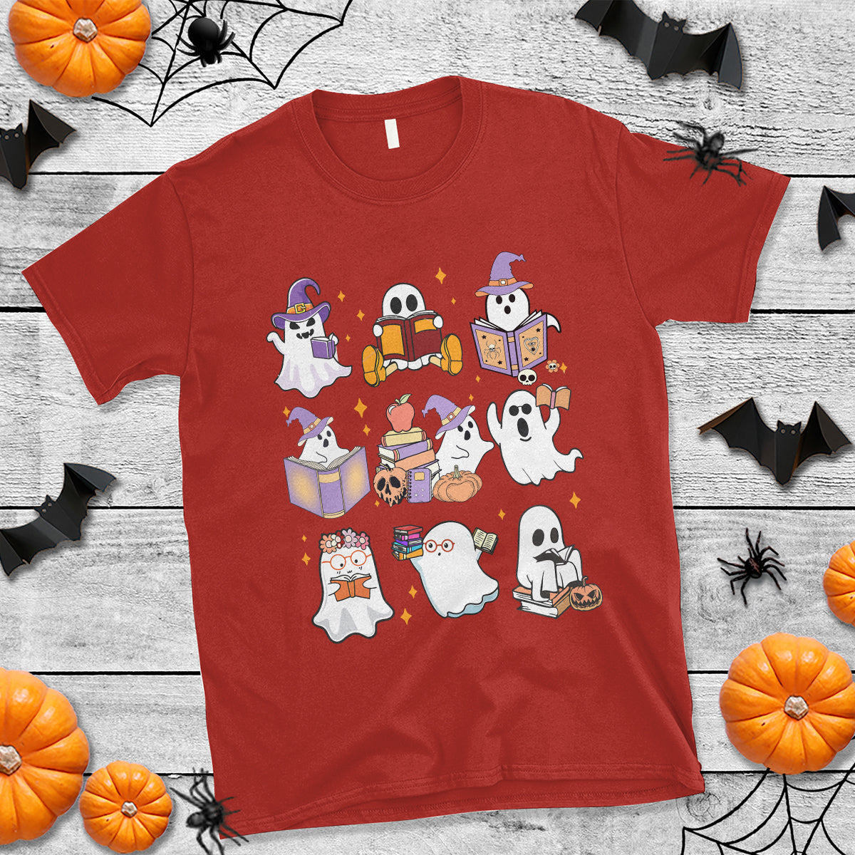 halloween-reading-t-shirt-reading-books-boo-sheet-ghosts-teacher-librarian