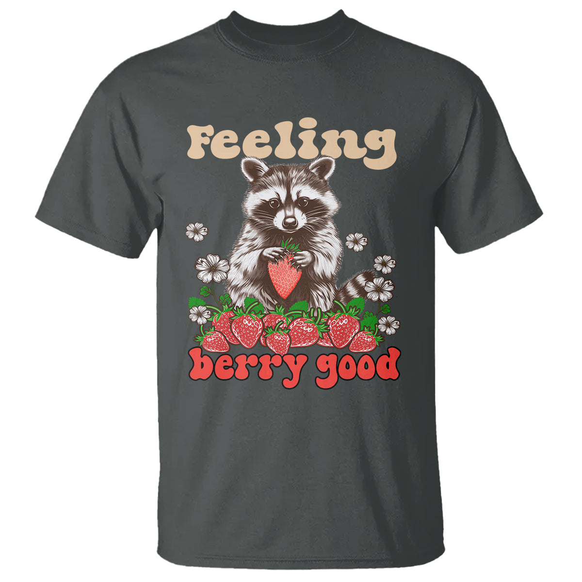 funny-raccoon-t-shirt-feeling-berry-good-eating-strawberries