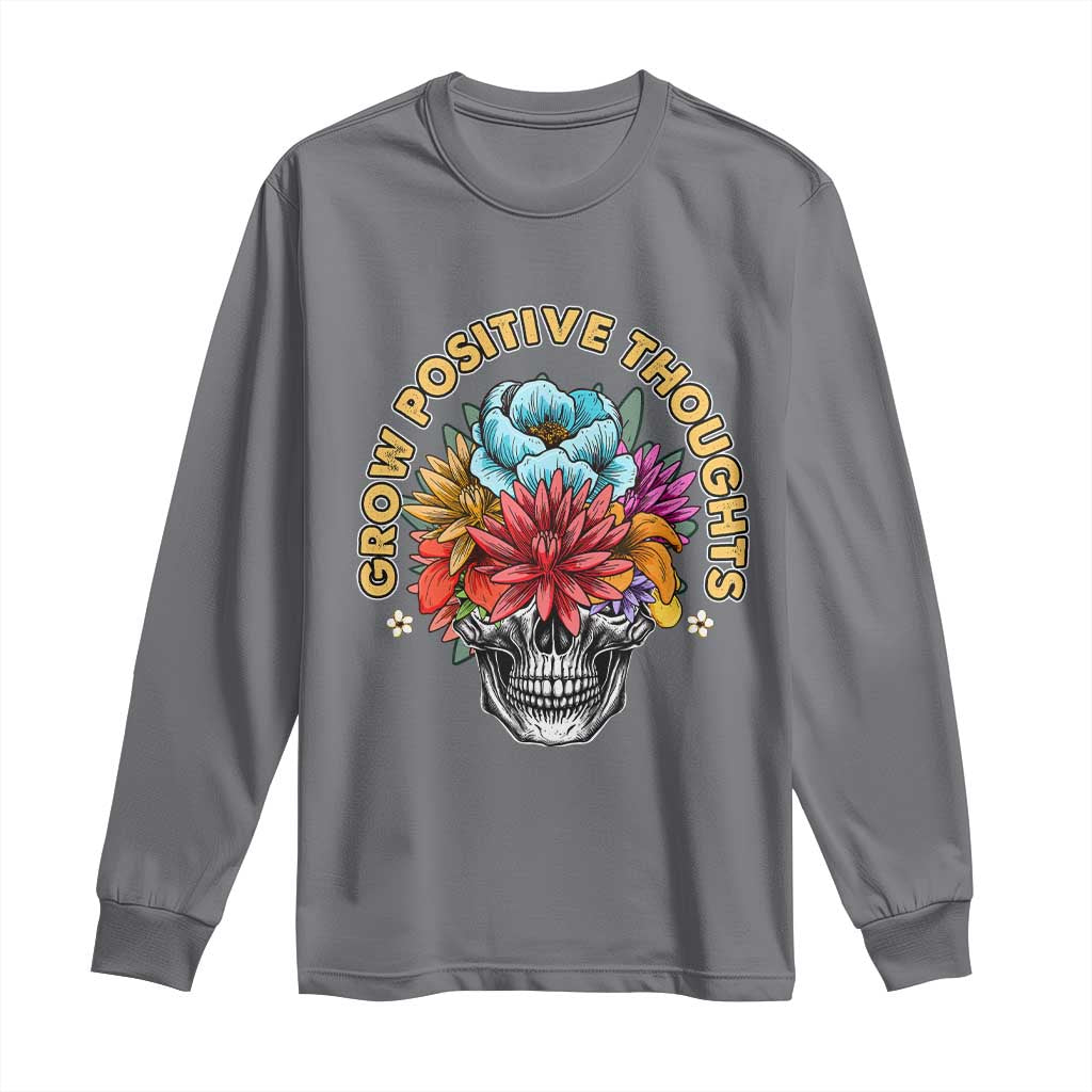 Mental Health Matters Long Sleeve Shirt Grow Positive Thoughts Groovy Retro Floral Skull With Flowers