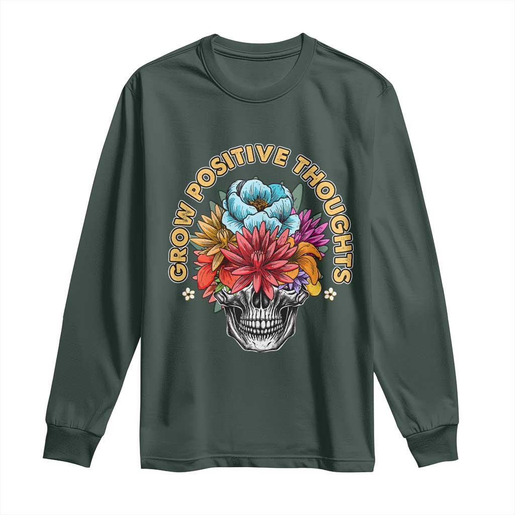 Mental Health Matters Long Sleeve Shirt Grow Positive Thoughts Groovy Retro Floral Skull With Flowers