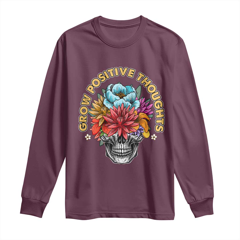 Mental Health Matters Long Sleeve Shirt Grow Positive Thoughts Groovy Retro Floral Skull With Flowers