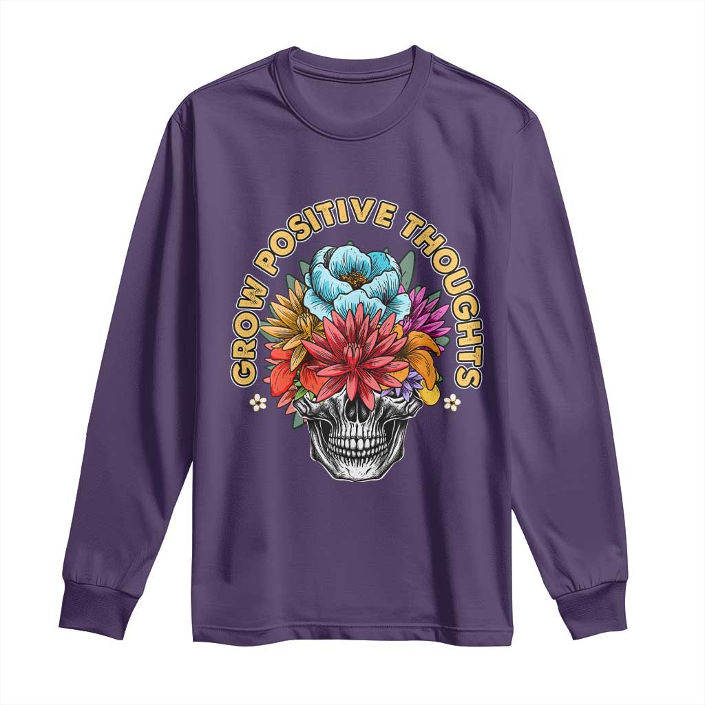Mental Health Matters Long Sleeve Shirt Grow Positive Thoughts Groovy Retro Floral Skull With Flowers