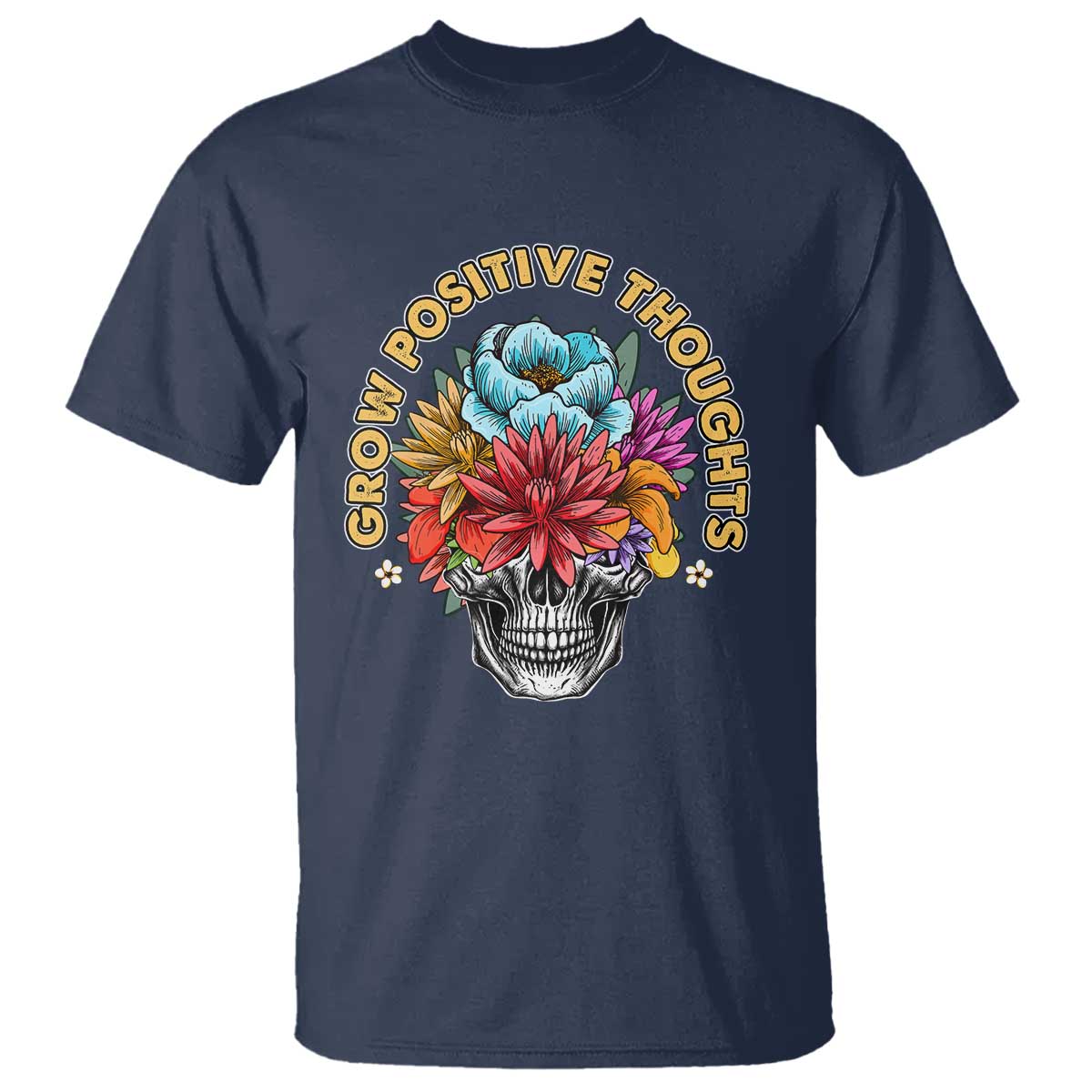 Mental Health Matters T Shirt Grow Positive Thoughts Groovy Retro Floral Skull With Flowers