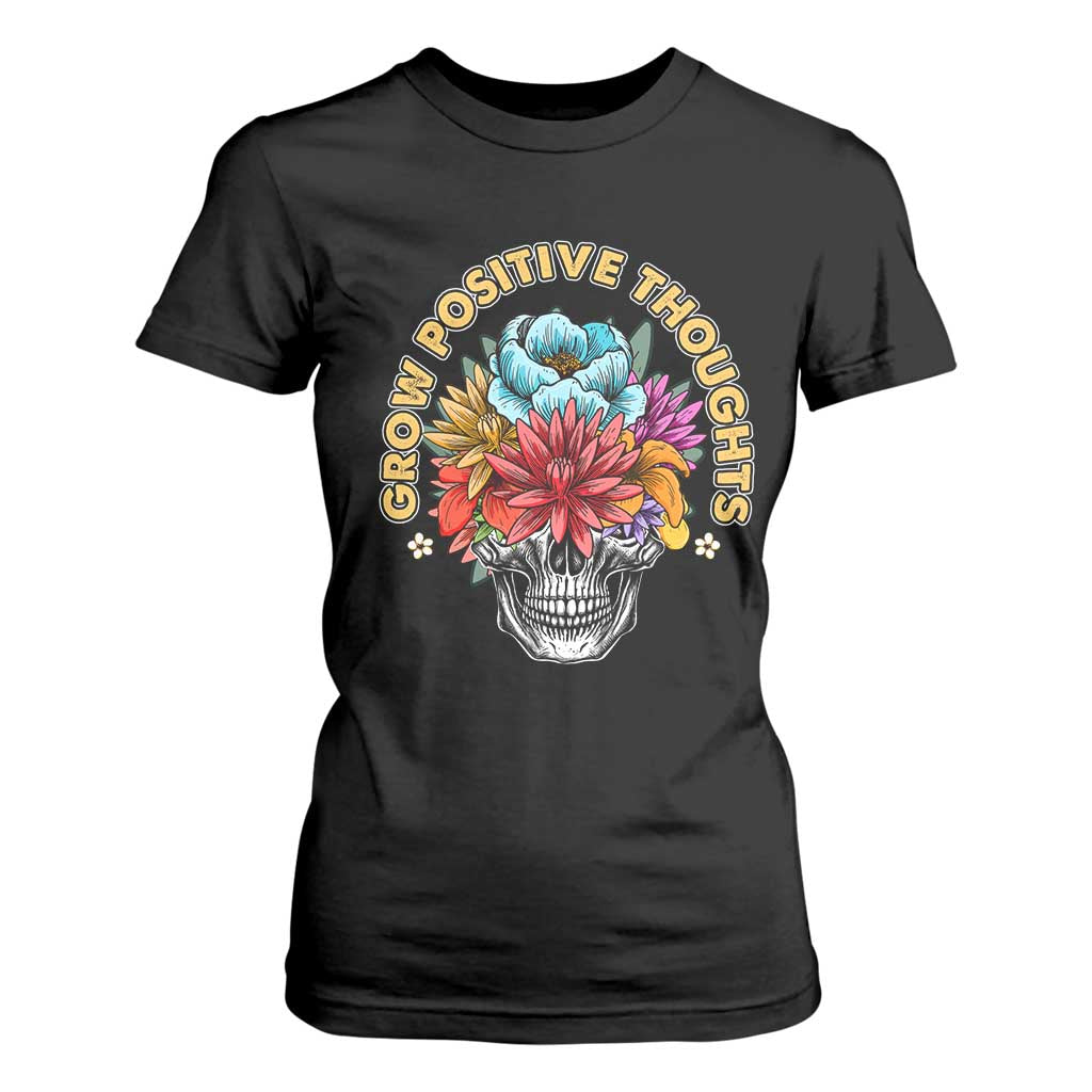 Mental Health Matters T Shirt For Women Grow Positive Thoughts Groovy Retro Floral Skull With Flowers
