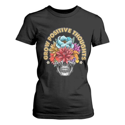 Mental Health Matters T Shirt For Women Grow Positive Thoughts Groovy Retro Floral Skull With Flowers