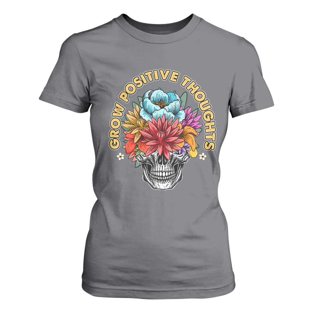 Mental Health Matters T Shirt For Women Grow Positive Thoughts Groovy Retro Floral Skull With Flowers