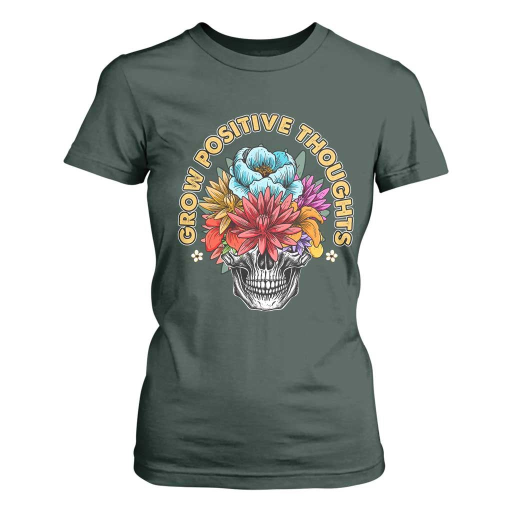 Mental Health Matters T Shirt For Women Grow Positive Thoughts Groovy Retro Floral Skull With Flowers