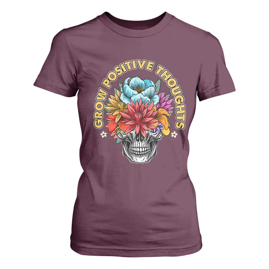 Mental Health Matters T Shirt For Women Grow Positive Thoughts Groovy Retro Floral Skull With Flowers