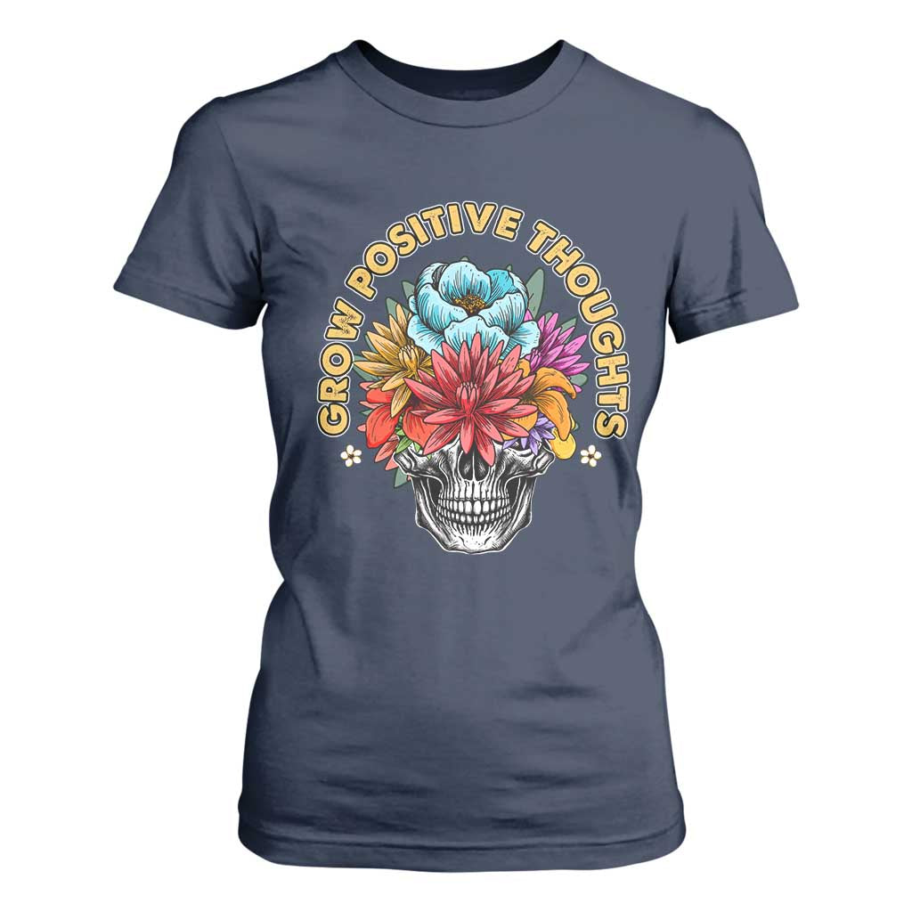 Mental Health Matters T Shirt For Women Grow Positive Thoughts Groovy Retro Floral Skull With Flowers