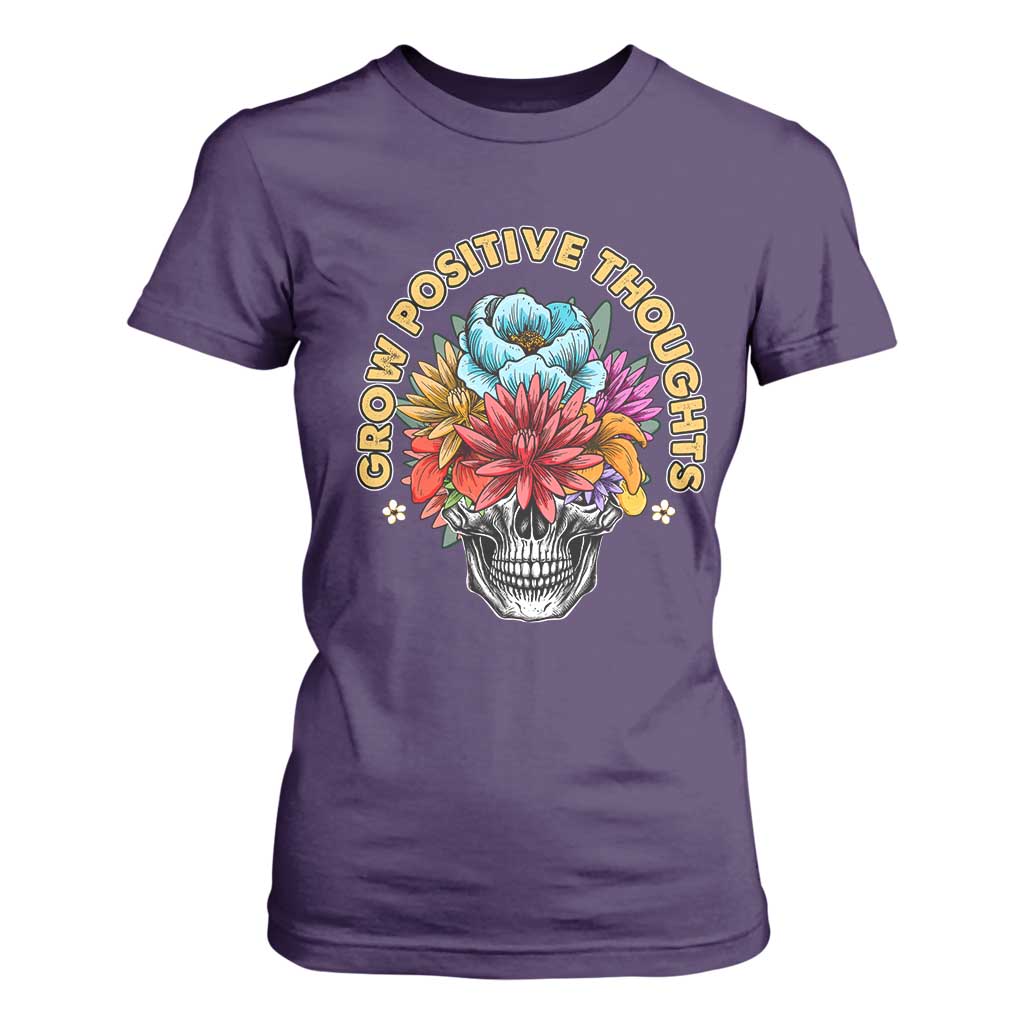Mental Health Matters T Shirt For Women Grow Positive Thoughts Groovy Retro Floral Skull With Flowers