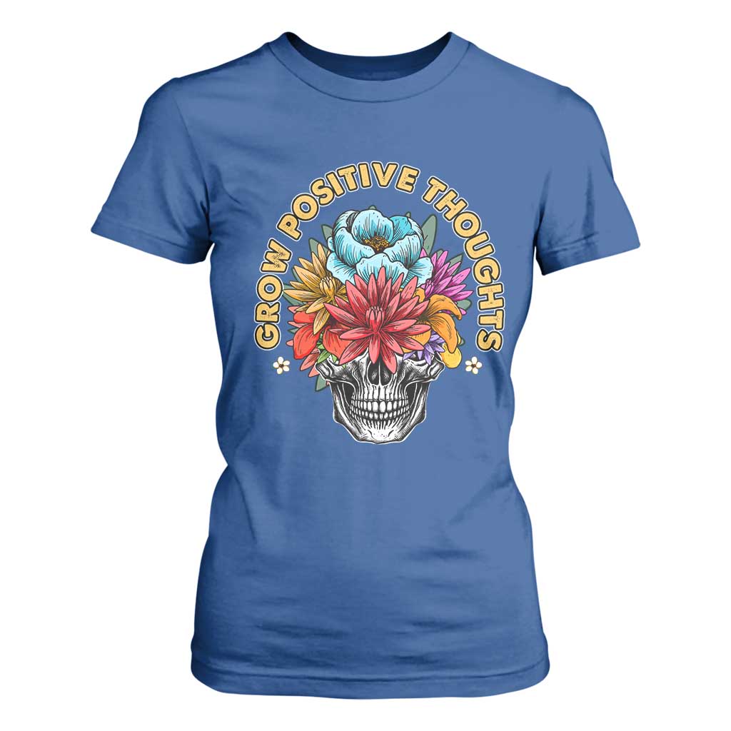 Mental Health Matters T Shirt For Women Grow Positive Thoughts Groovy Retro Floral Skull With Flowers