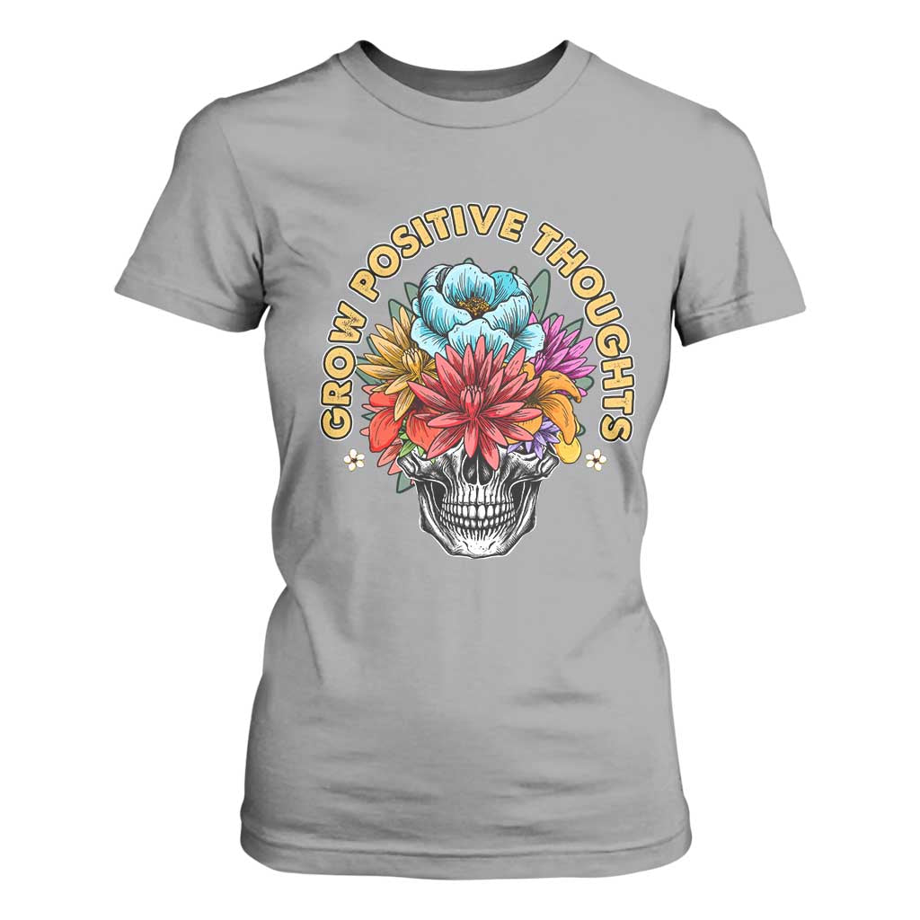 Mental Health Matters T Shirt For Women Grow Positive Thoughts Groovy Retro Floral Skull With Flowers