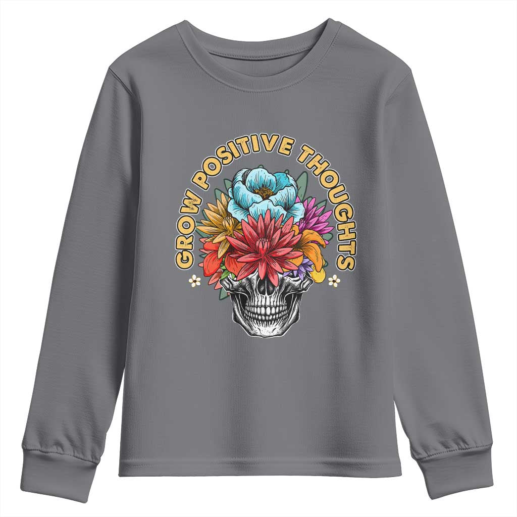 Mental Health Matters Youth Sweatshirt Grow Positive Thoughts Groovy Retro Floral Skull With Flowers