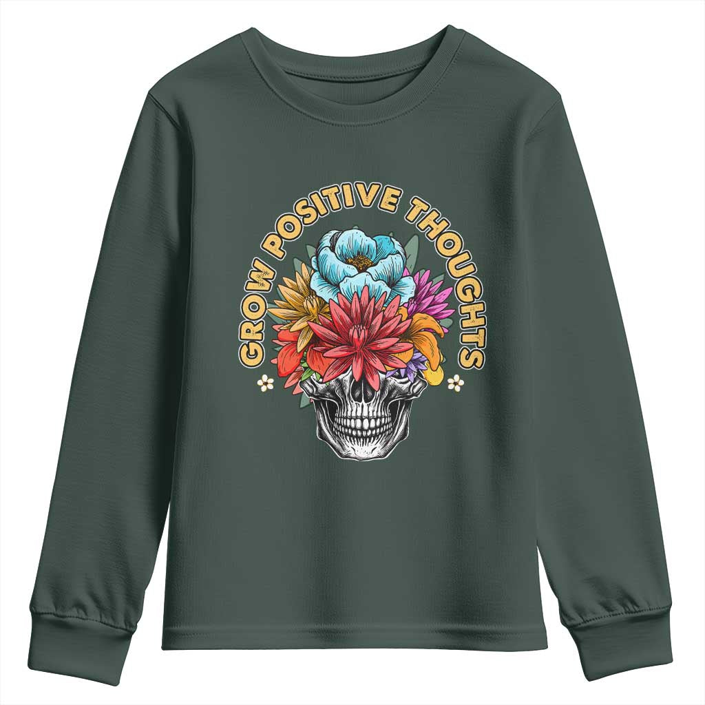 Mental Health Matters Youth Sweatshirt Grow Positive Thoughts Groovy Retro Floral Skull With Flowers