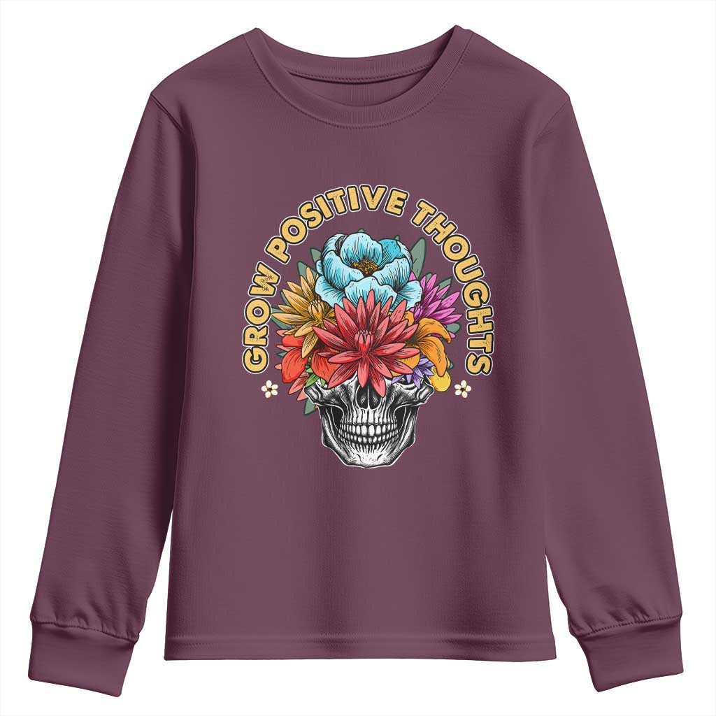 Mental Health Matters Youth Sweatshirt Grow Positive Thoughts Groovy Retro Floral Skull With Flowers