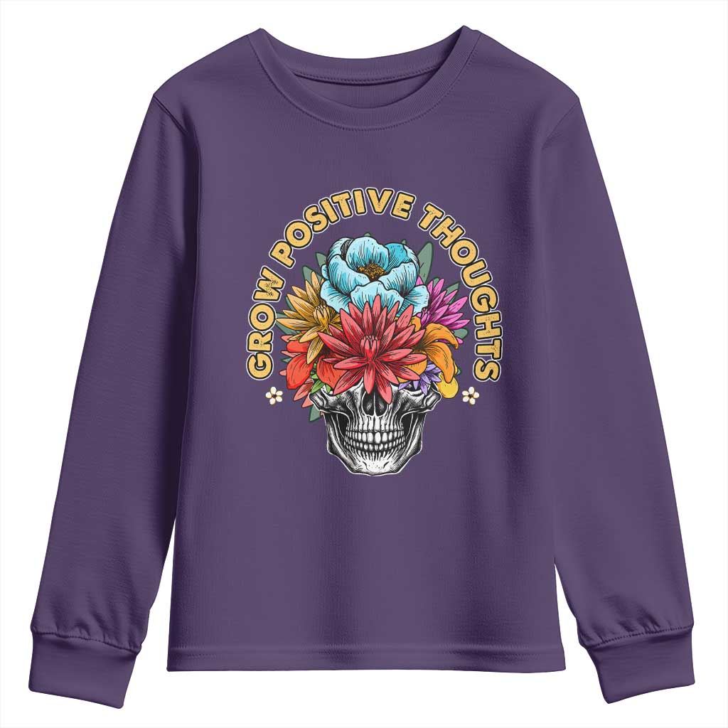 Mental Health Matters Youth Sweatshirt Grow Positive Thoughts Groovy Retro Floral Skull With Flowers