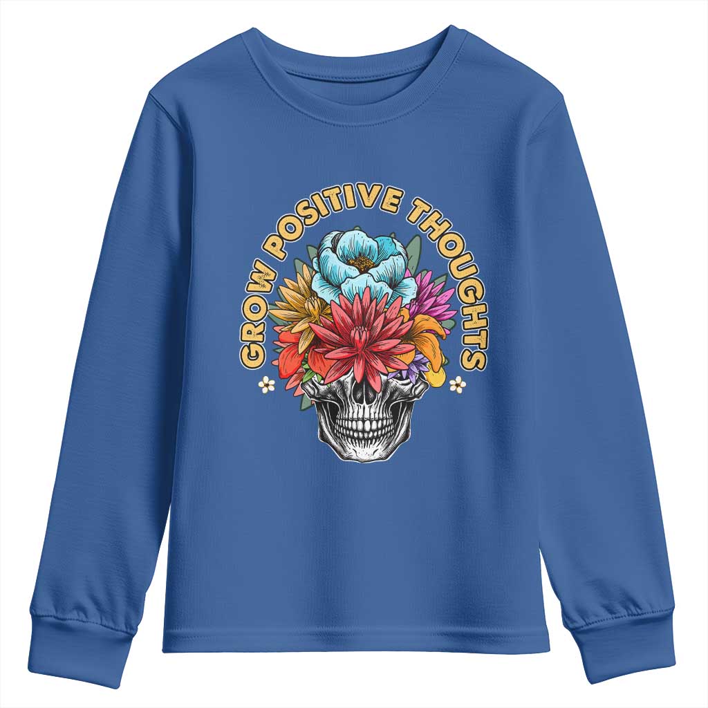 Mental Health Matters Youth Sweatshirt Grow Positive Thoughts Groovy Retro Floral Skull With Flowers