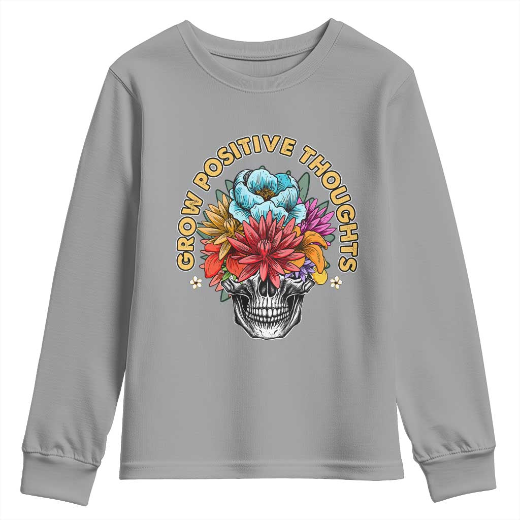 Mental Health Matters Youth Sweatshirt Grow Positive Thoughts Groovy Retro Floral Skull With Flowers