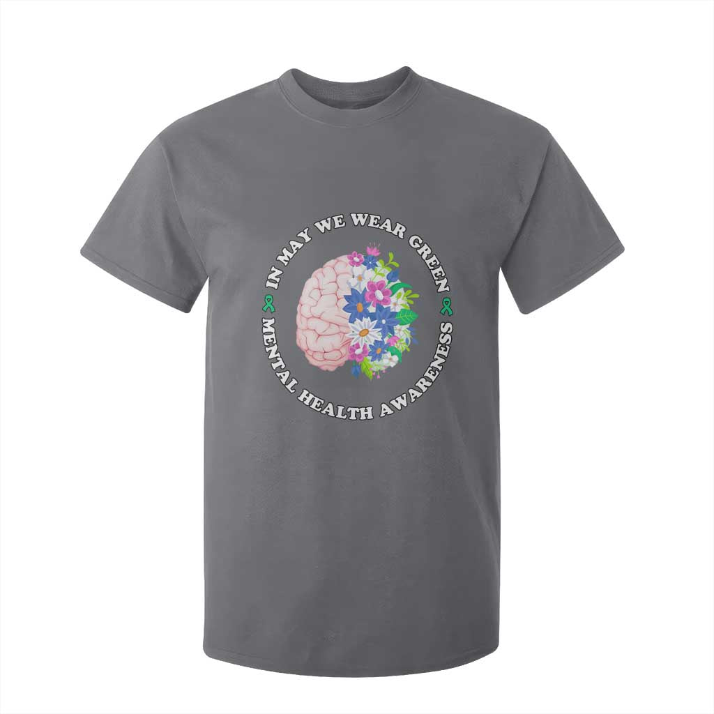Mental Health Matters T Shirt For Kid In May We Wear Green Floral Human Brain With Flowers