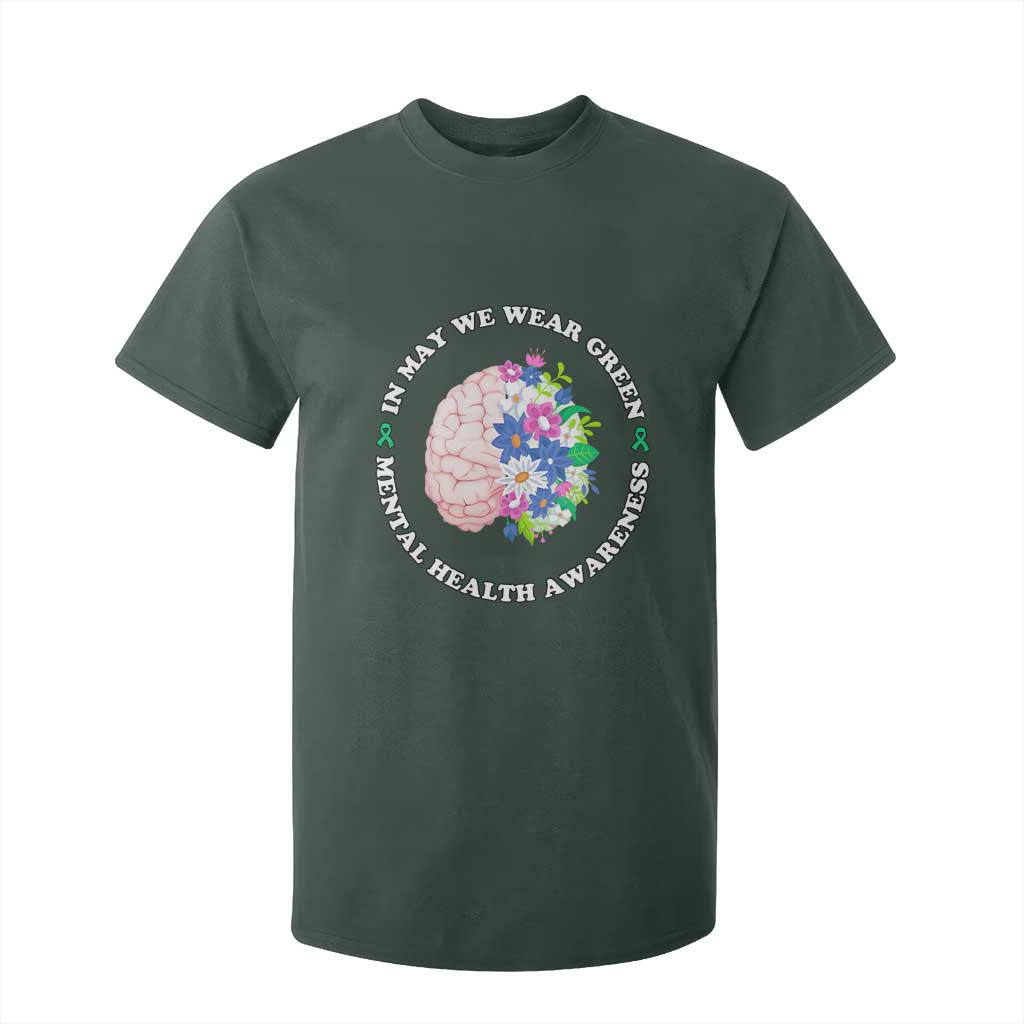 Mental Health Matters T Shirt For Kid In May We Wear Green Floral Human Brain With Flowers