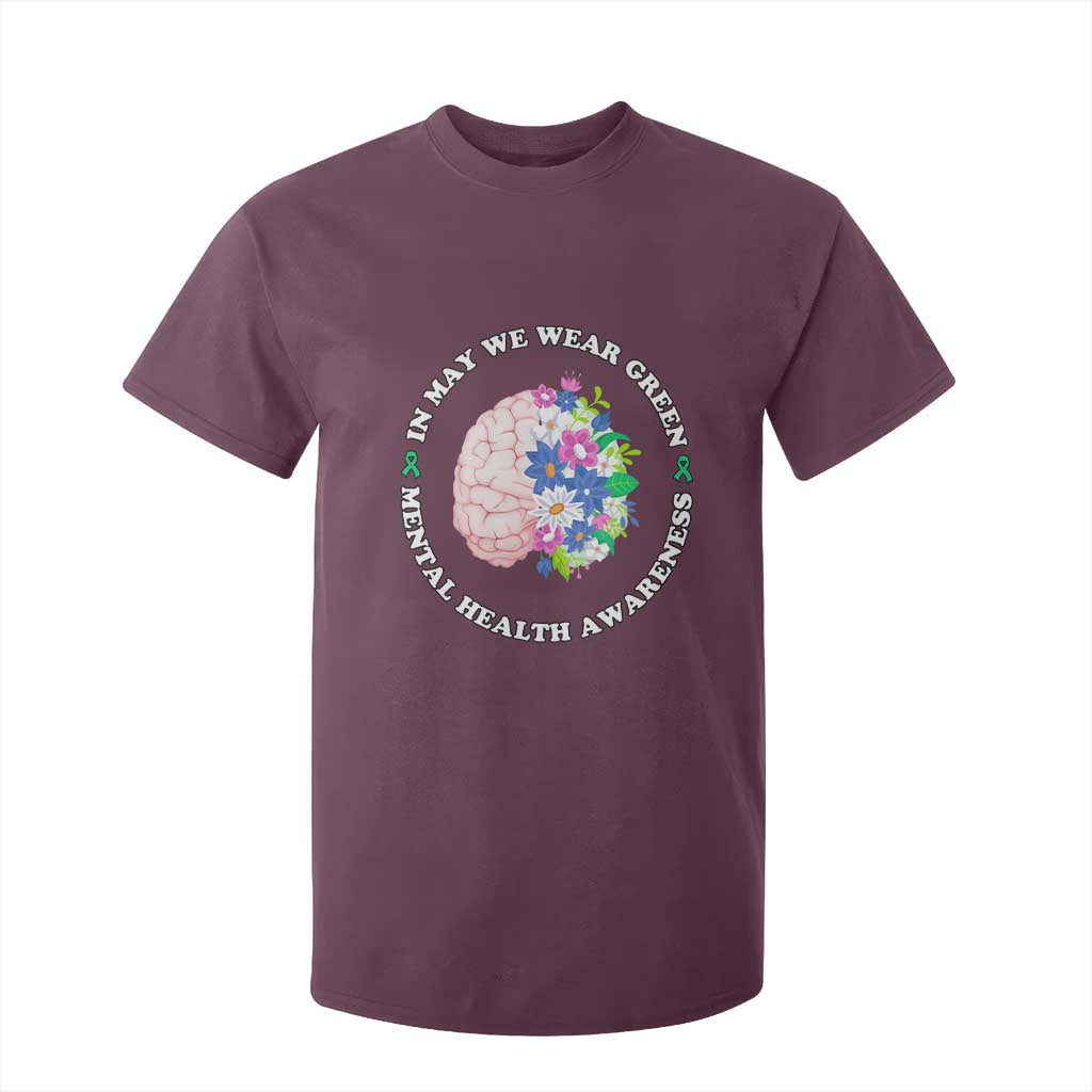 Mental Health Matters T Shirt For Kid In May We Wear Green Floral Human Brain With Flowers